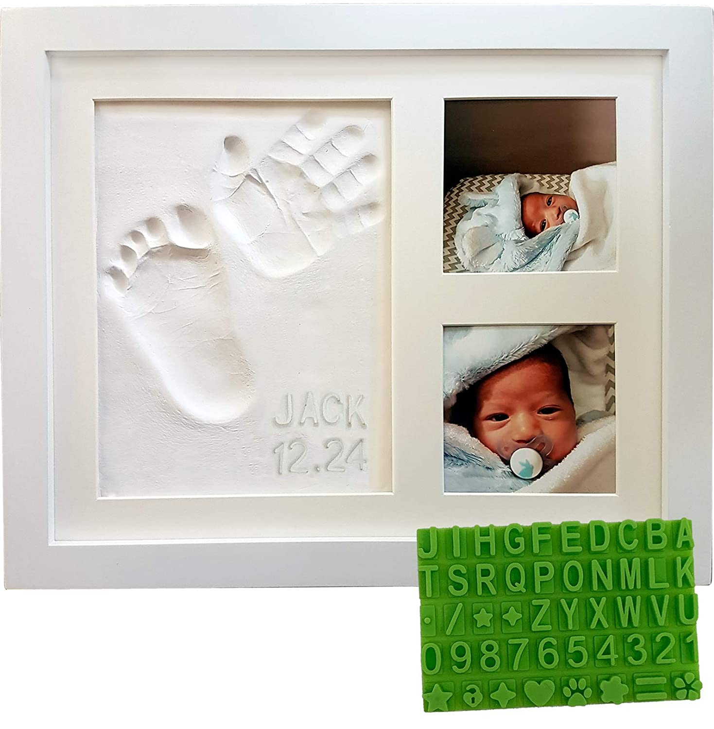Babys First Year Double Bi-Fold 12 Month Baby Photo Frame & Handprint/Footprint Clay Kit Best Shower Registry Gift for Infant Boys or Girls Complete First Year White 